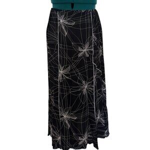 K.D. Spring Black & White Floral A-Line Midi Skirt With Elastic Waist Band Large